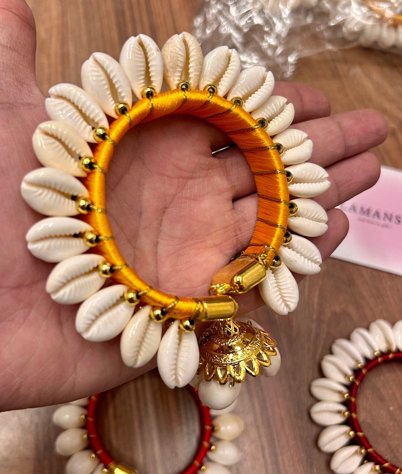 LAMANSH Flower Shell Jewellery LAMANSH® (Free size) Shells 🐚 Jhumka Bracelets Kade Bangles Hathphool for Bridesmaid Giveaways in haldi mehendi sangeet & weddings