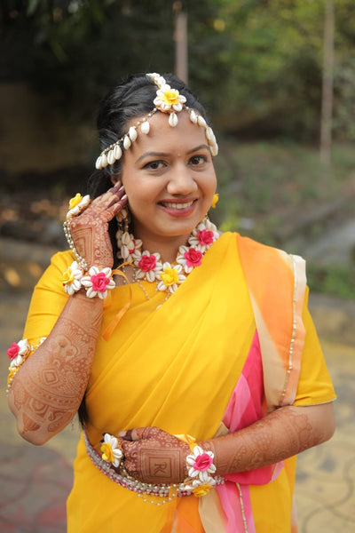 LAMANSH Flower Shell🐚 Jewellery Pink-Yellow LAMANSH Shells X Floral 🌸 jewellery set for haldi ceremony