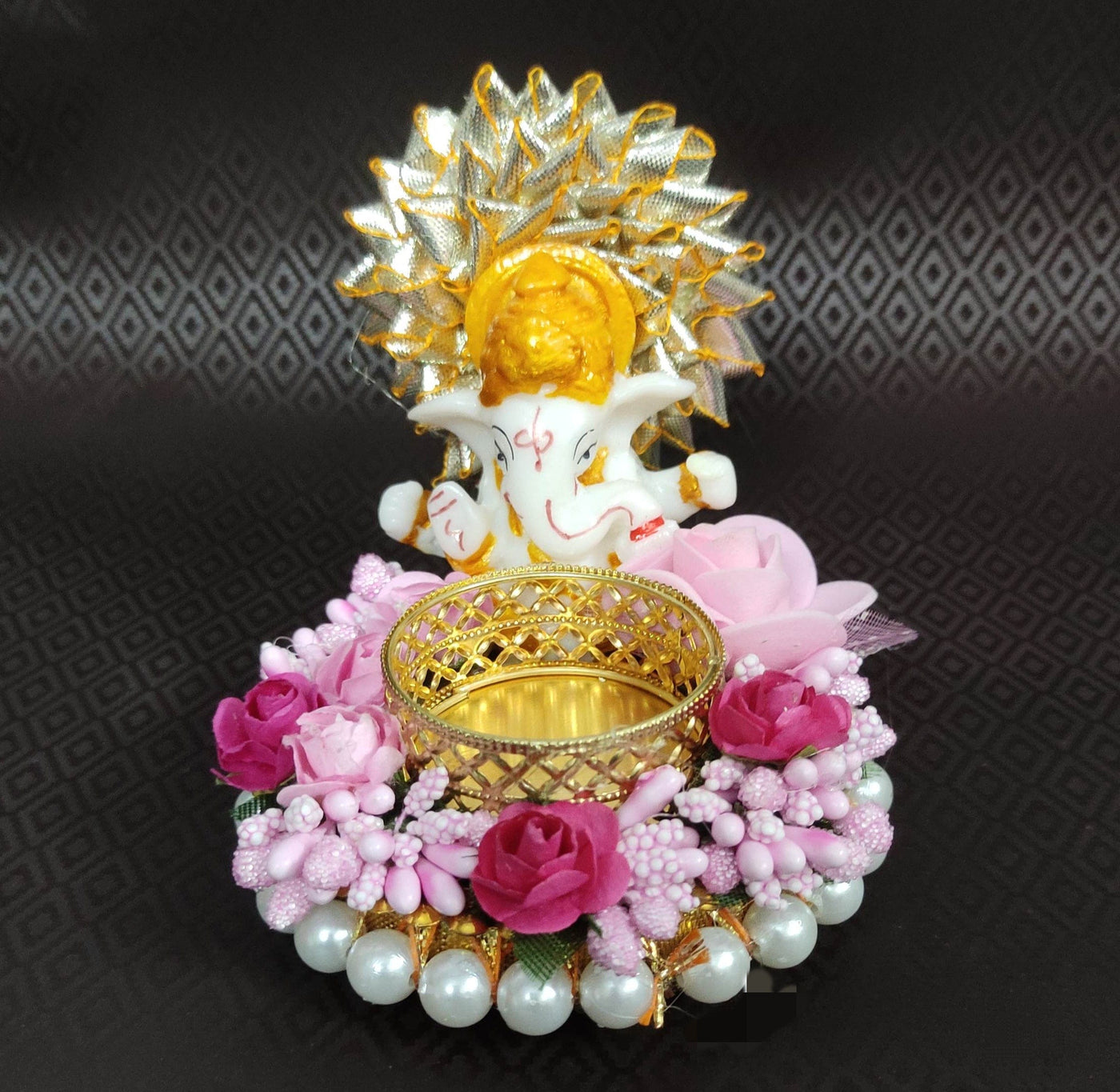 Lamansh ganesh ji candle holder Ganesha Decorative Candle🕯Holder with Artificial Flowers 🌸 & Gota Patti | Diya Stand for Ganesh Chaturthi 🕉 (Tealight Candle Included)