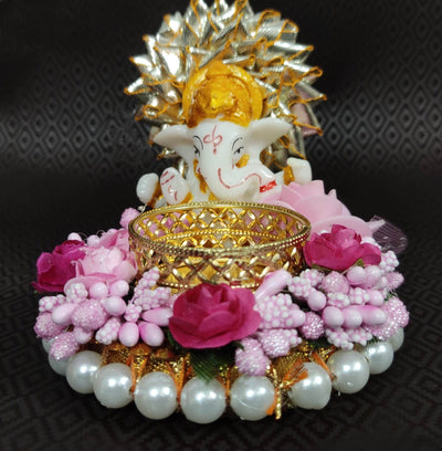 Lamansh ganesh ji candle holder Ganesha Decorative Candle🕯Holder with Artificial Flowers 🌸 & Gota Patti | Diya Stand for Ganesh Chaturthi 🕉 (Tealight Candle Included)