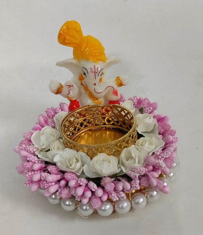 Lamansh ganesh ji candle holder Pagdi Ganeshji Decorative Candle🕯Holder with Artificial Flowers 🌸 | Diya Stand for Ganesh Chaturthi 🕉 (Tealight Candle Included)