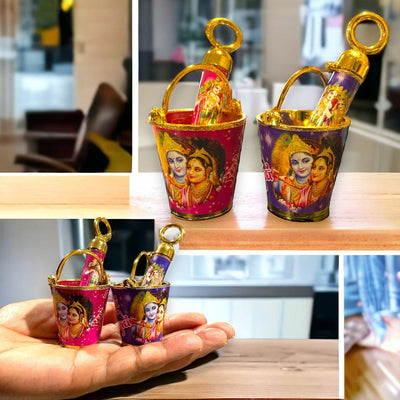 Lamansh holi platter Mini Radha Krishna ji printed Holi Pichkari set with bucket for Holi 2023 / Ideal for holi decoration and making holi platters fot holi Art craft