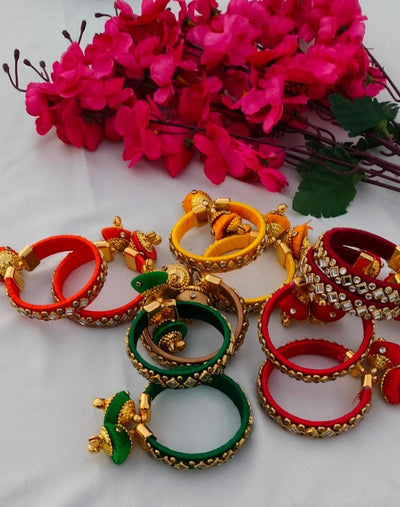 Lamansh kundan thread bangles LAMANSH® Free Size Silk Kundan work Bangles with hanging Jhumki / Bangles chudi for Giveaways & Favors 🎁 / Haldi & Mehendi Bangles for bridesmaids