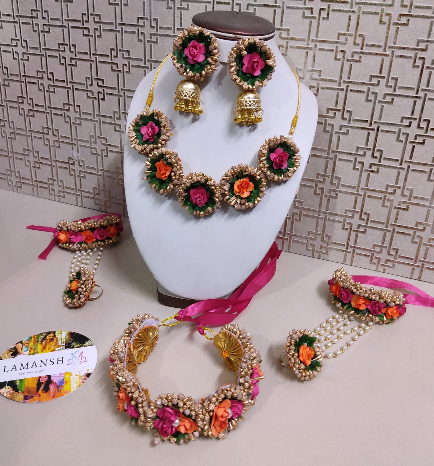 Lamansh latest floral set LAMANSH® Artificial Flower Jewellery 🌺with Tiara for Haldi Mehndi Set For Women, Girls / Floral Jewellery Set