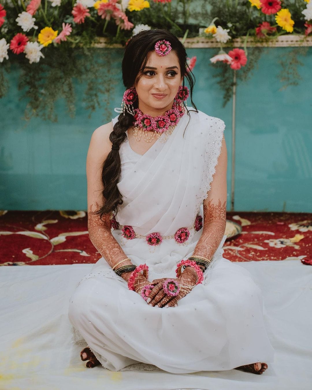 Lamansh latest floral sets LAMANSH® Hot Pink Bridal 🌸 Flower Jewellery set with Kamarbandh for Haldi & Mehendi ceremony