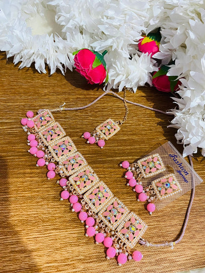 Lamansh metal choker earrings & maangtika Pink Polka Dot & Pearls Studded Necklace Earrings & Teeka Set for Wedding & Party's | Metal Imitation Jewellery Set for Girls & Women ✨