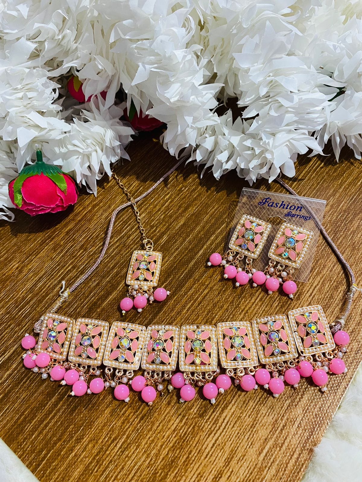 Lamansh metal choker earrings & maangtika Pink Polka Dot & Pearls Studded Necklace Earrings & Teeka Set for Wedding & Party's | Metal Imitation Jewellery Set for Girls & Women ✨