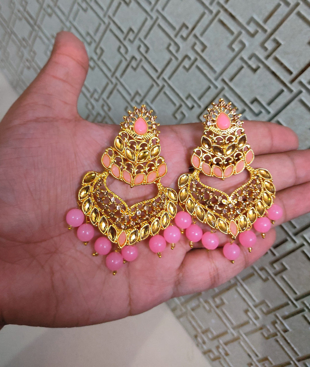 Gold Plated Earrings with Baby Pink Pearls Metal Jewellery for Weddings