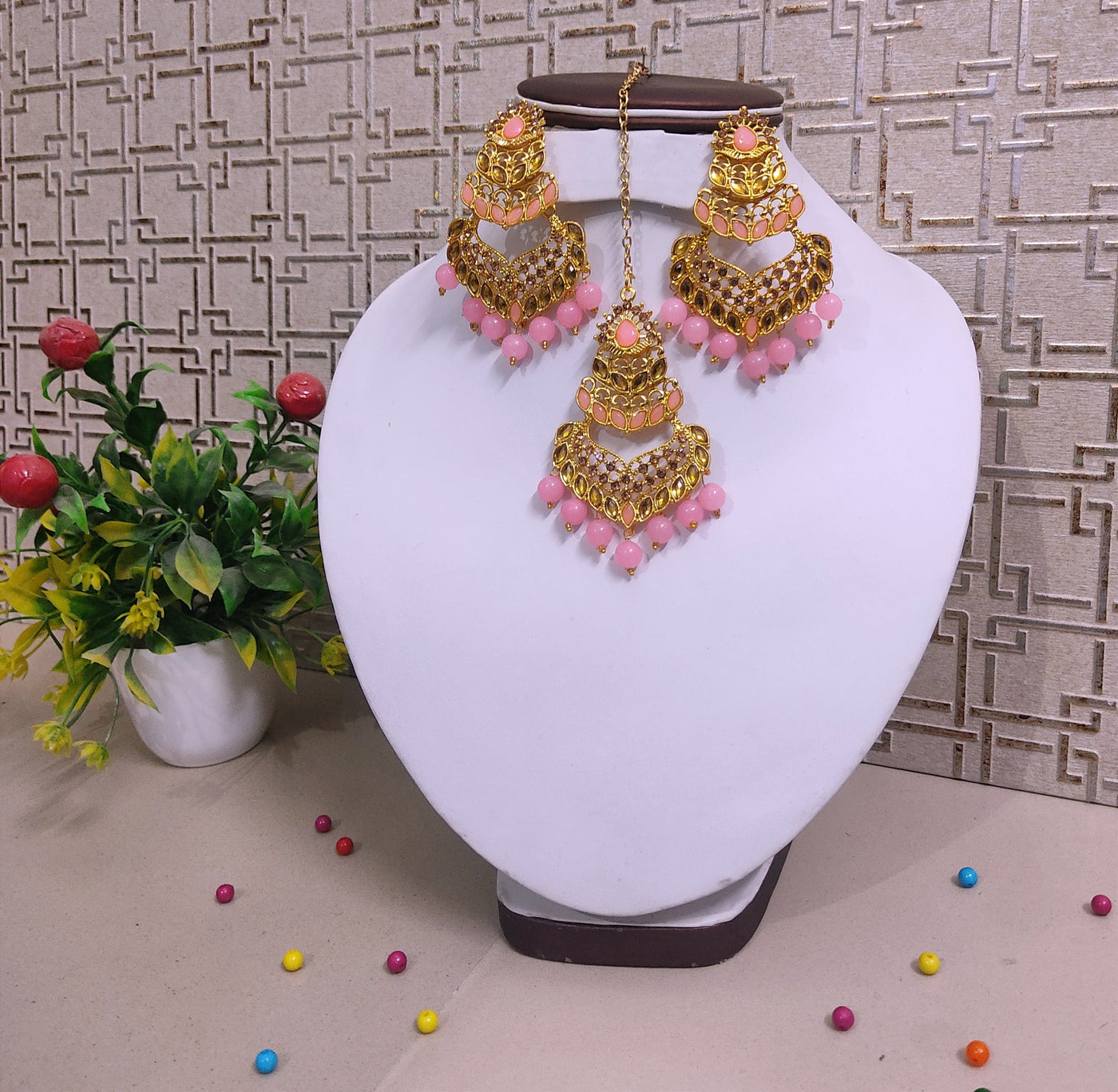 Lamansh metal earrings & maangtika Baby Pink Golden Plated Designer Earrings & Maangtika Set