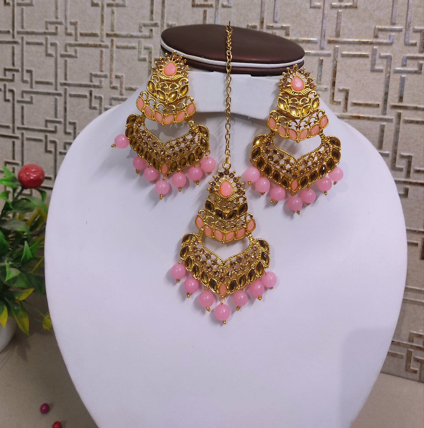 Lamansh metal earrings & maangtika Baby Pink Golden Plated Designer Earrings & Maangtika Set