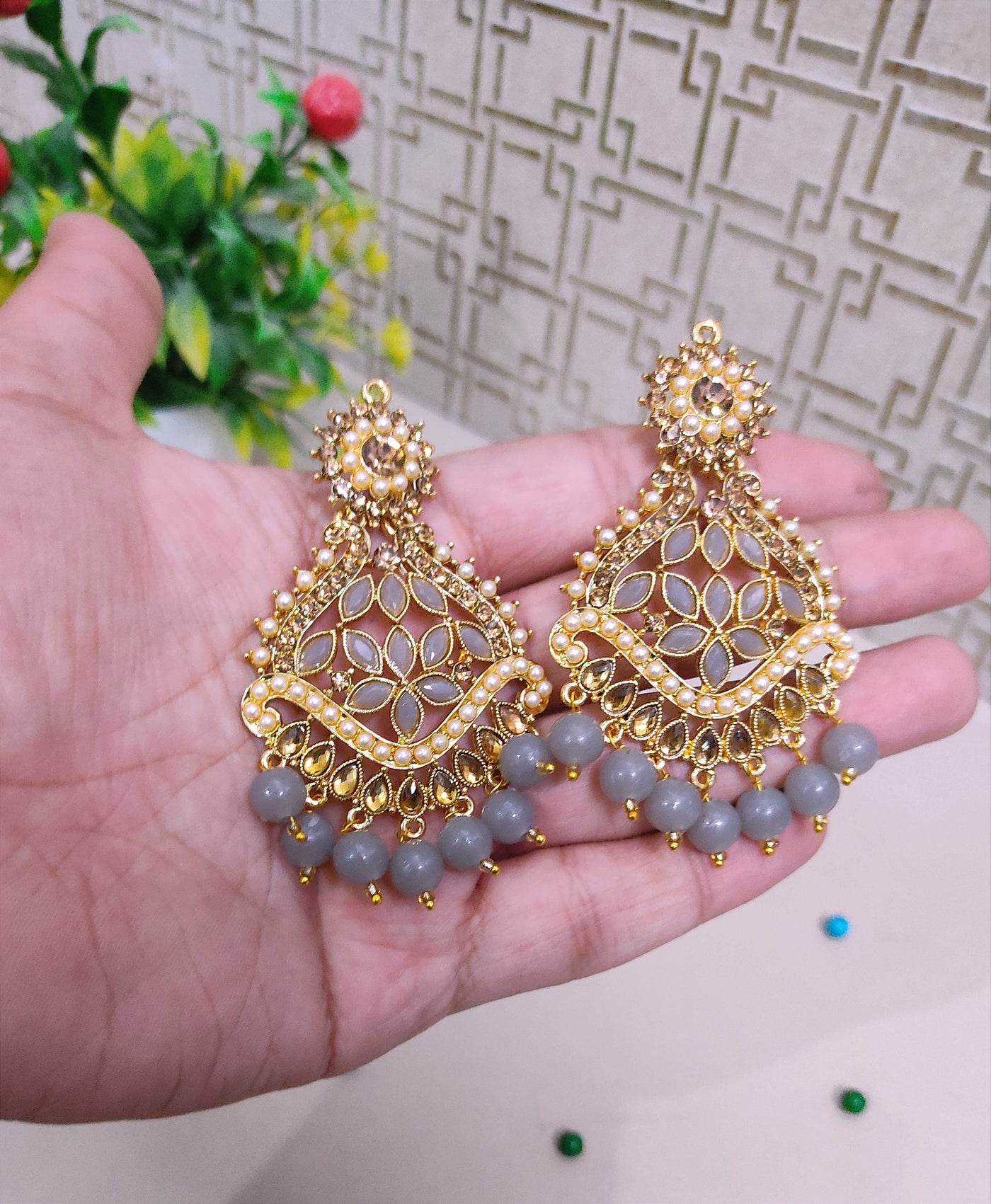 Lamansh metal earrings & maangtika Gold Plated Mirror Kundan Earrings & Maangtika set with Classic Grey Pearls | Metal Imitation Jewellery Set for Weddings