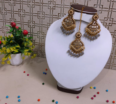 Lamansh metal Gold Plated Mirror Kundan Earrings & Maangtika set with Classic Grey Pearls | Metal Imitation Jewellery Set for Weddings