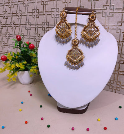Lamansh metal earrings & maangtika Gold Plated Mirror Kundan Earrings & Maangtika set with Classic Grey Pearls | Metal Imitation Jewellery Set for Weddings