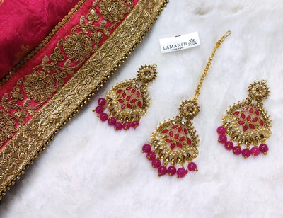 Lamansh metal earrings & maangtika Gold Plated Mirror Kundan Earrings & Maangtika set with Classic Hot Pink Pearls | Metal Imitation Jewellery Set for Weddings ✨