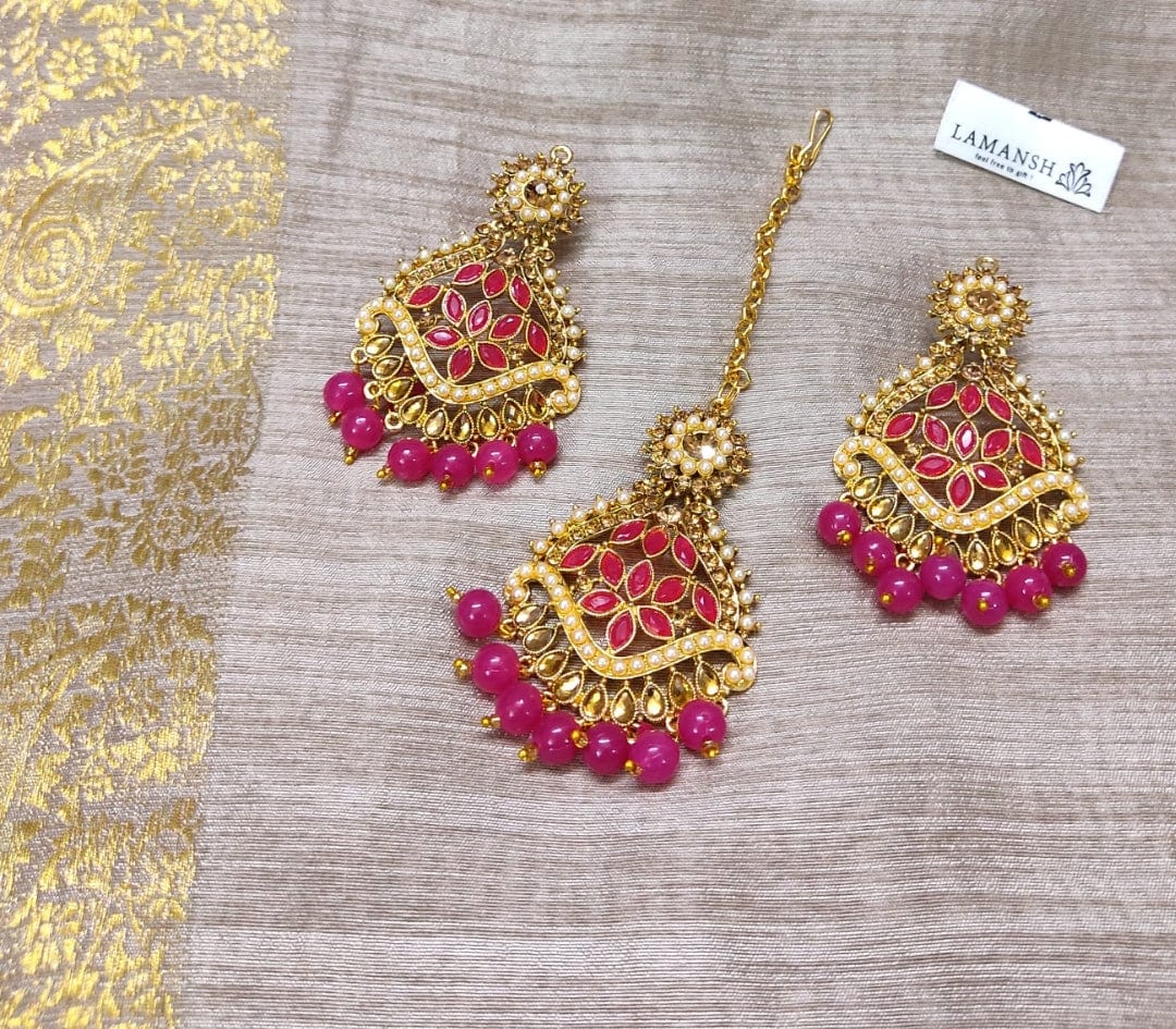 Lamansh metal earrings & maangtika Gold Plated Mirror Kundan Earrings & Maangtika set with Classic Hot Pink Pearls | Metal Imitation Jewellery Set for Weddings ✨