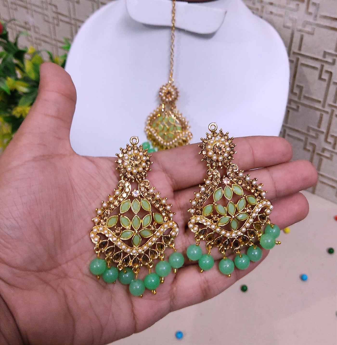 Lamansh metal earrings & maangtika Gold Plated Mirror Kundan Earrings & Maangtika set with Classic Mint Green Pearls | Metal Imitation Jewellery Set for Weddings ✨
