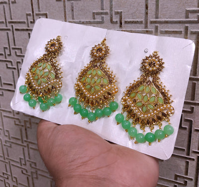 Lamansh metal earrings & maangtika Gold Plated Mirror Kundan Earrings & Maangtika set with Classic Mint Green Pearls | Metal Imitation Jewellery Set for Weddings ✨