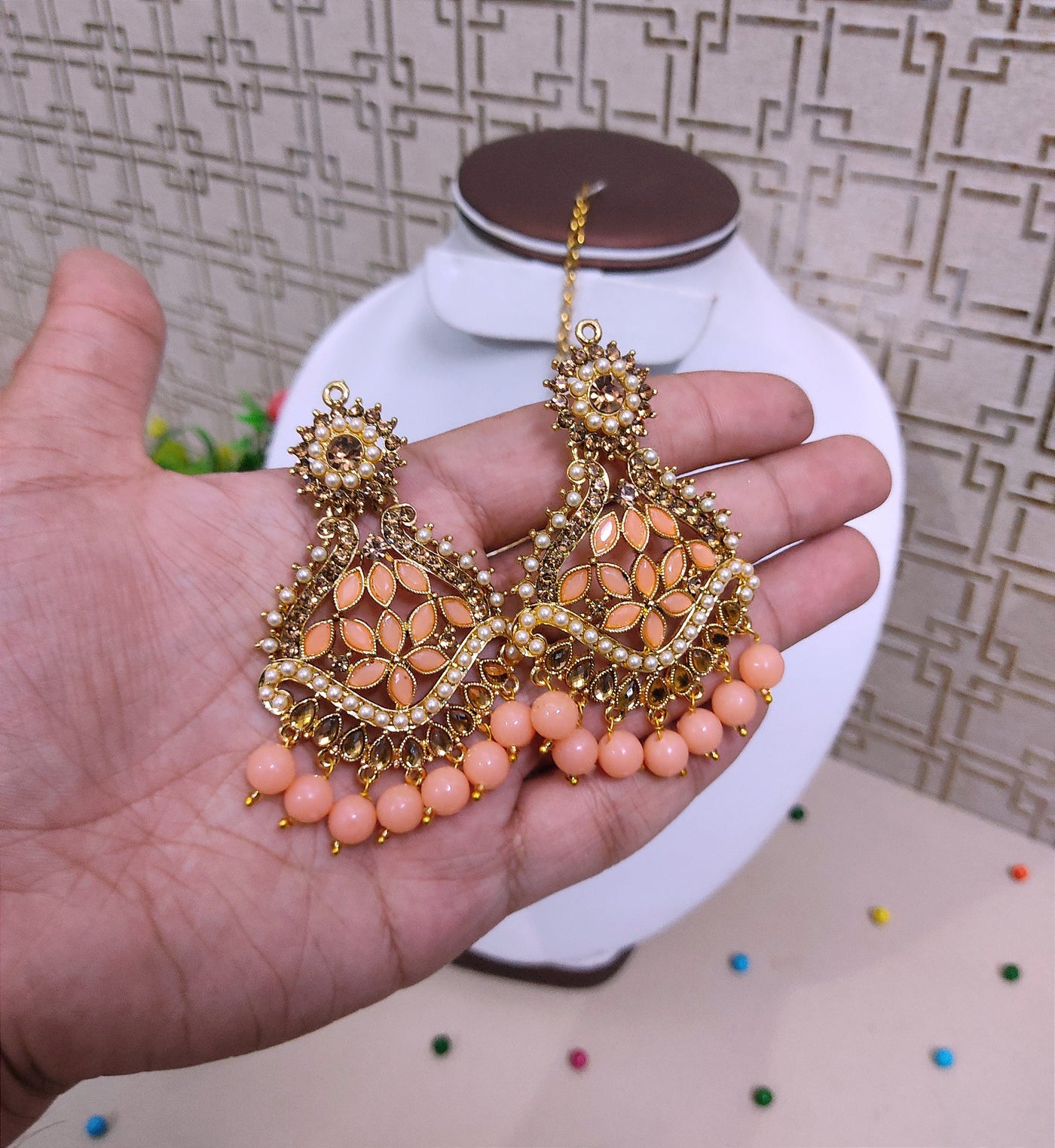 Lamansh metal earrings & maangtika Gold Plated Mirror Kundan Earrings & Maangtika set with Classic Peach Pearls | Metal Imitation Jewellery Set for Weddings ✨