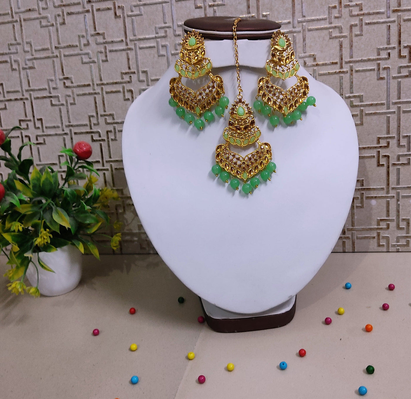 Lamansh metal earrings & maangtika Mint Golden Plated Designers Earrings & Maangtika Set
