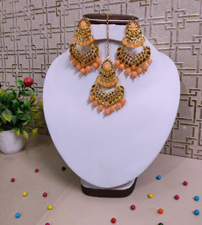 Lamansh metal earrings & maangtika Peach Golden Plated Designer Earrings & Maangtika Set