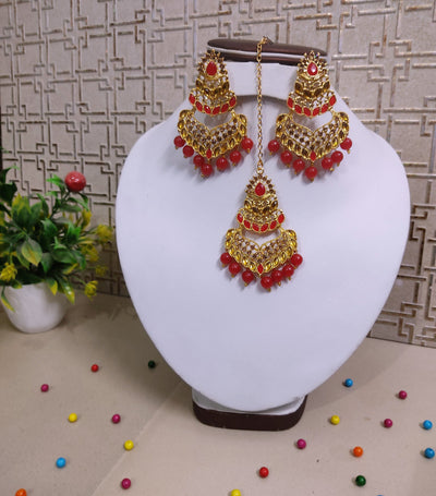 Lamansh metal earrings & maangtika Red Golden Plated Designer Earrings & Maangtika Set