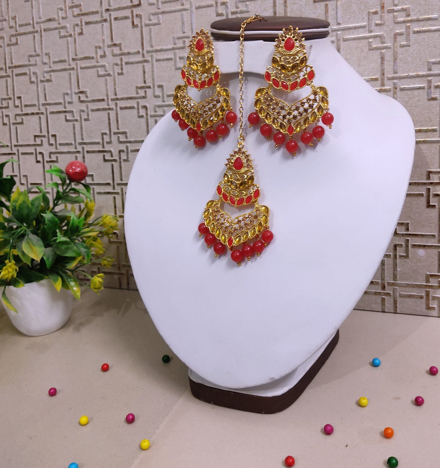 Red Golden enamel hand painted chandelier pearl earrings at 1950  Azilaa