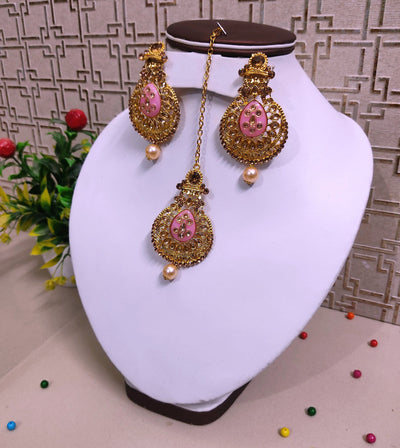 Lamansh metal earrings & teeka Stunning Kundan Studded ✨ Earrings & Teeka set for Girl's & Women | Jewellery set for Weddings (Baby Pink)