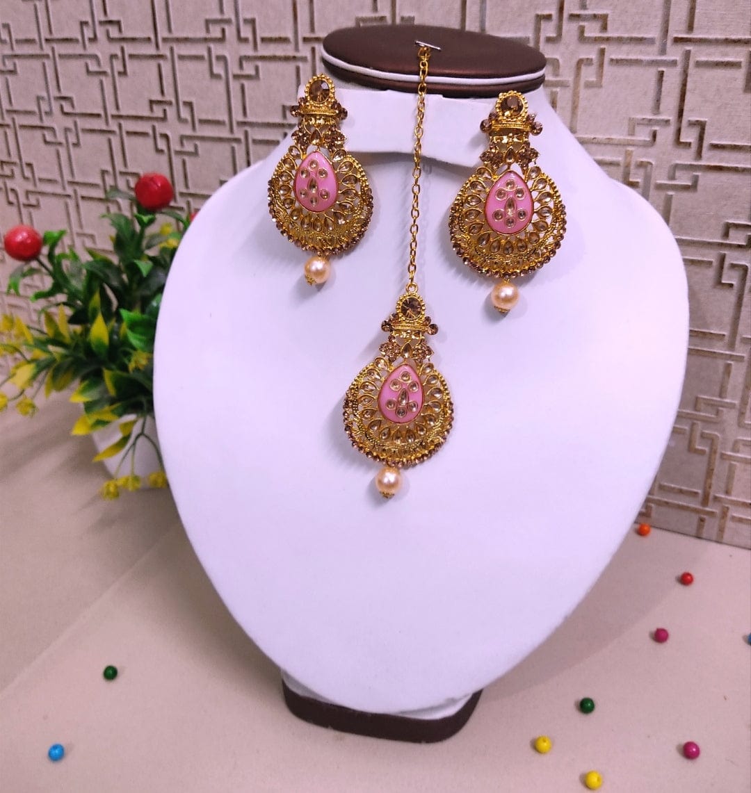 Lamansh metal earrings & teeka Stunning Kundan Studded ✨ Earrings & Teeka set for Girl's & Women | Jewellery set for Weddings (Baby Pink)