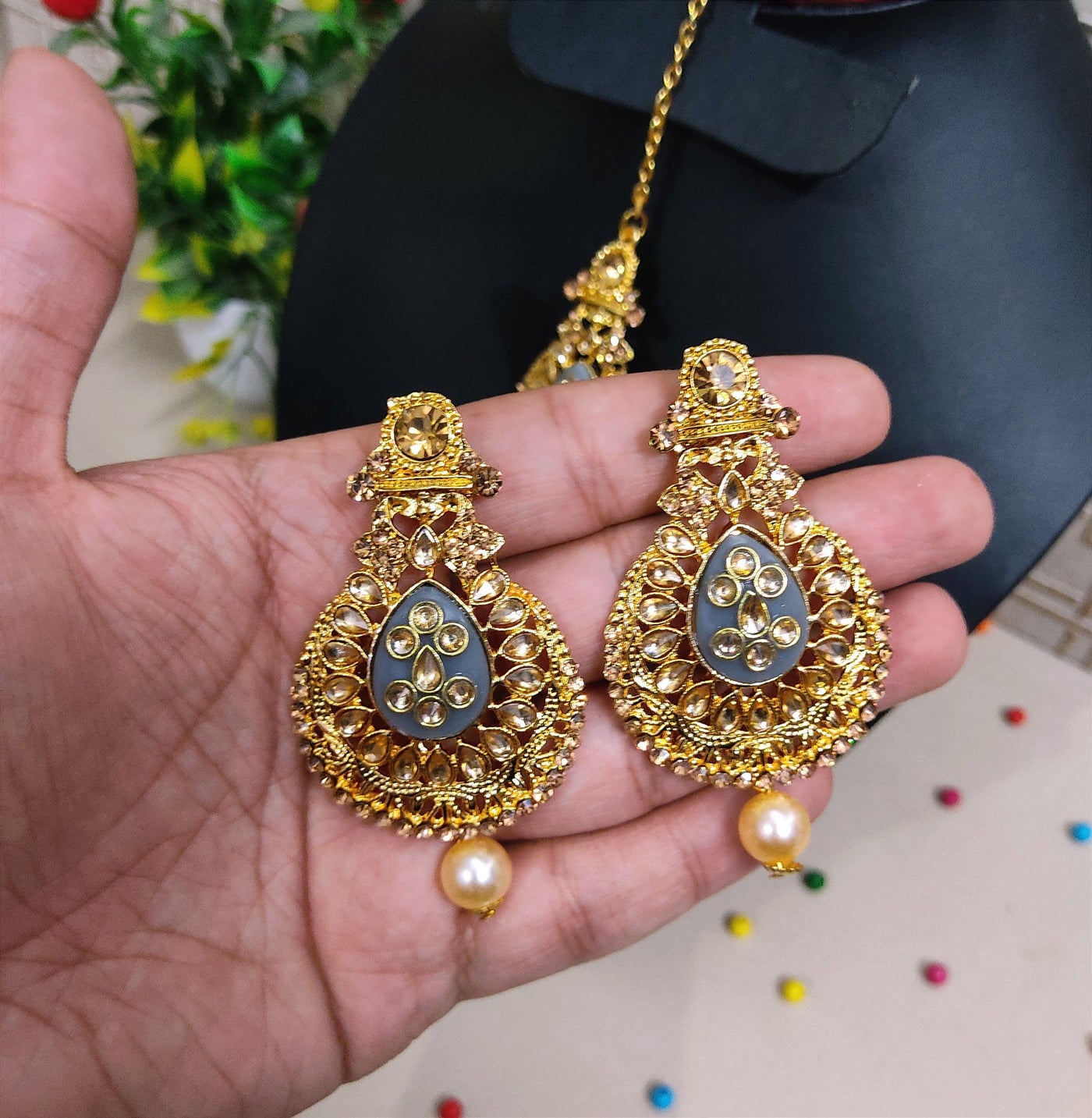 Lamansh metal earrings & teeka Stunning Kundan Studded ✨ Earrings & Teeka set for Girl's & Women | Jewellery set for Weddings (Grey)