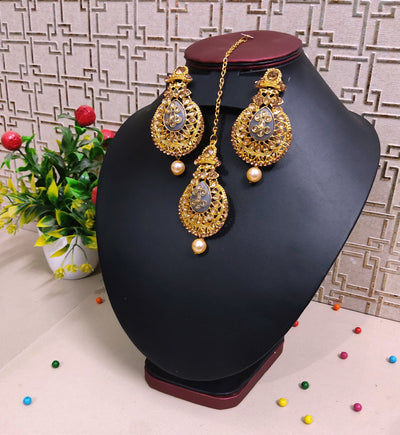 Lamansh metal earrings & teeka Stunning Kundan Studded ✨ Earrings & Teeka set for Girl's & Women | Jewellery set for Weddings (Grey)