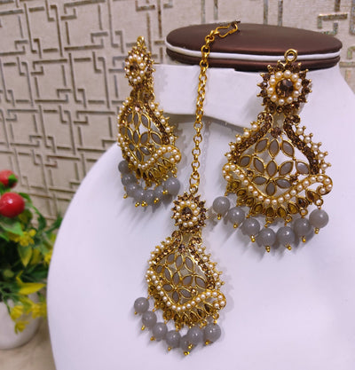Lamansh metal Gold Plated Mirror Kundan Earrings & Maangtika set with Classic Grey Pearls | Metal Imitation Jewellery Set for Weddings