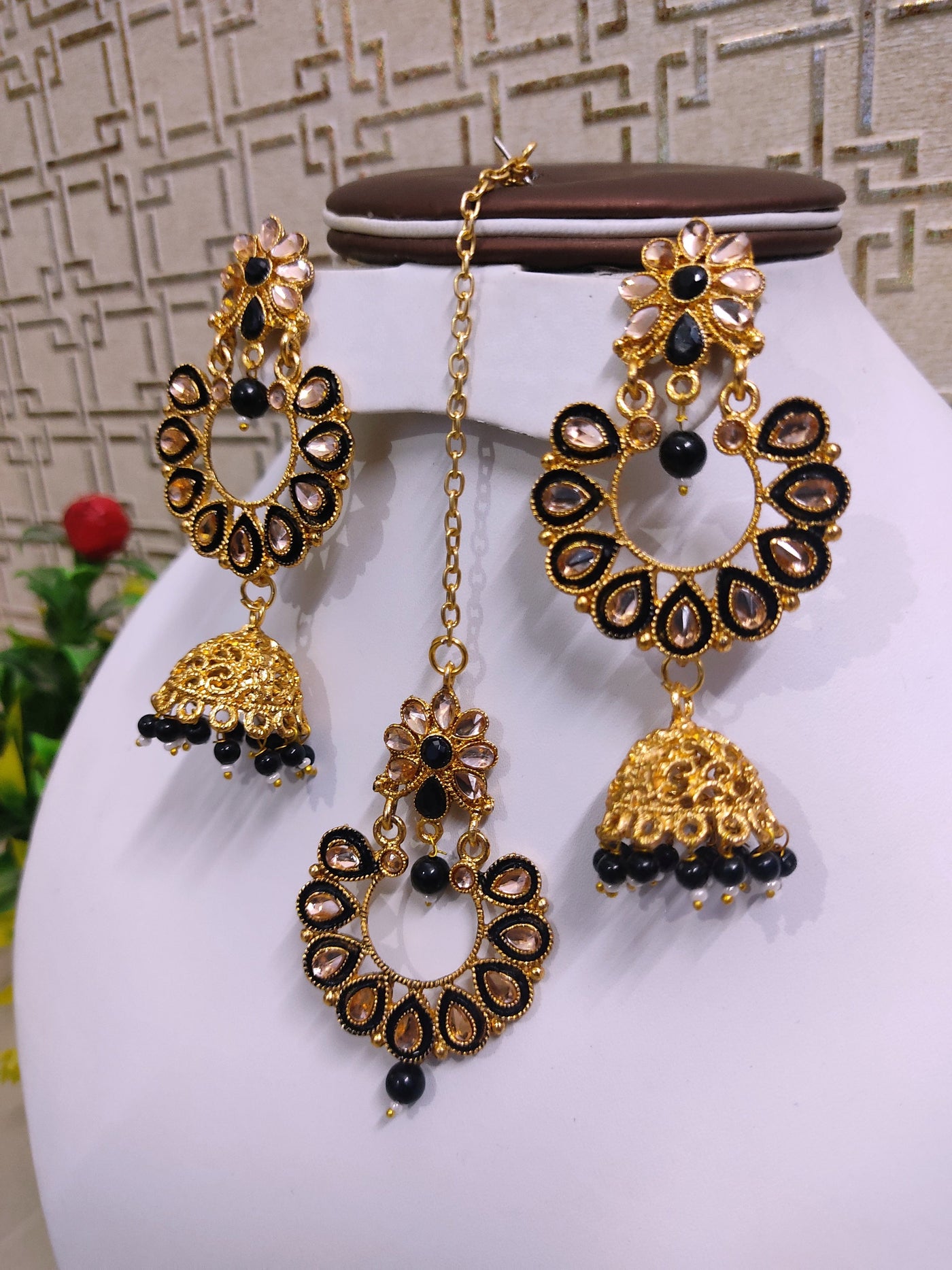 Lamansh metal jhumki & maangtika Black Antique Gold Tone Kundan ✨ Jhumki Earrings & Maangtika Set for Girl's & Women | Indian Imitation Jewellery set for Weddings