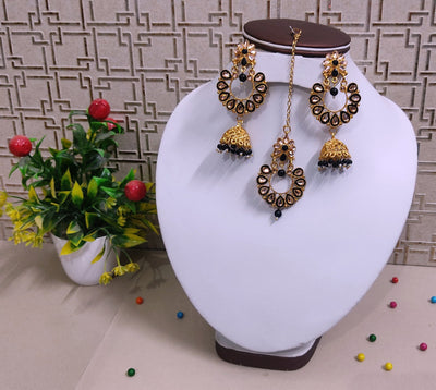 Lamansh metal jhumki & maangtika Black Antique Gold Tone Kundan ✨ Jhumki Earrings & Maangtika Set for Girl's & Women | Indian Imitation Jewellery set for Weddings