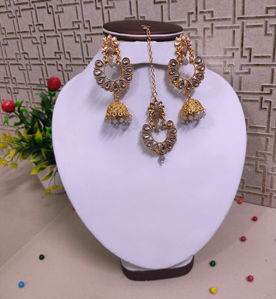 Lamansh metal jhumki & maangtika Grey Antique Gold Tone Kundan ✨ Jhumki Earrings & Maangtika Set for Girl's & Women | Indian Imitation Jewellery set for Weddings