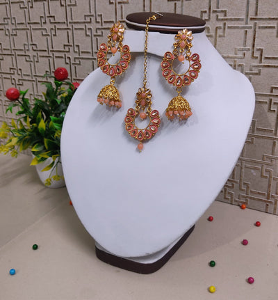 Lamansh metal jhumki & maangtika Peach Antique Gold Tone Kundan ✨ Jhumki Earrings & Maangtika Set for Girl's & Women | Indian Imitation Jewellery set for Weddings