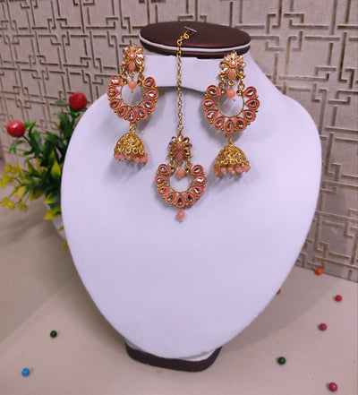 Lamansh metal jhumki & maangtika Peach Antique Gold Tone Kundan ✨ Jhumki Earrings & Maangtika Set for Girl's & Women | Indian Imitation Jewellery set for Weddings