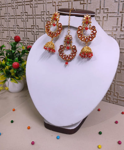 Lamansh metal jhumki & maangtika Red Antique Gold Tone Kundan ✨ Jhumki Earrings & Maangtika Set for Girl's & Women | Indian Imitation Jewellery set for Weddings