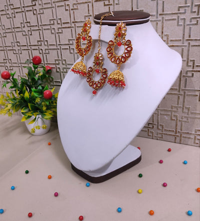 Lamansh metal jhumki & maangtika Red Antique Gold Tone Kundan ✨ Jhumki Earrings & Maangtika Set for Girl's & Women | Indian Imitation Jewellery set for Weddings