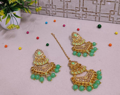 Lamansh Mint Golden Plated Designers Earrings & Maangtika Set