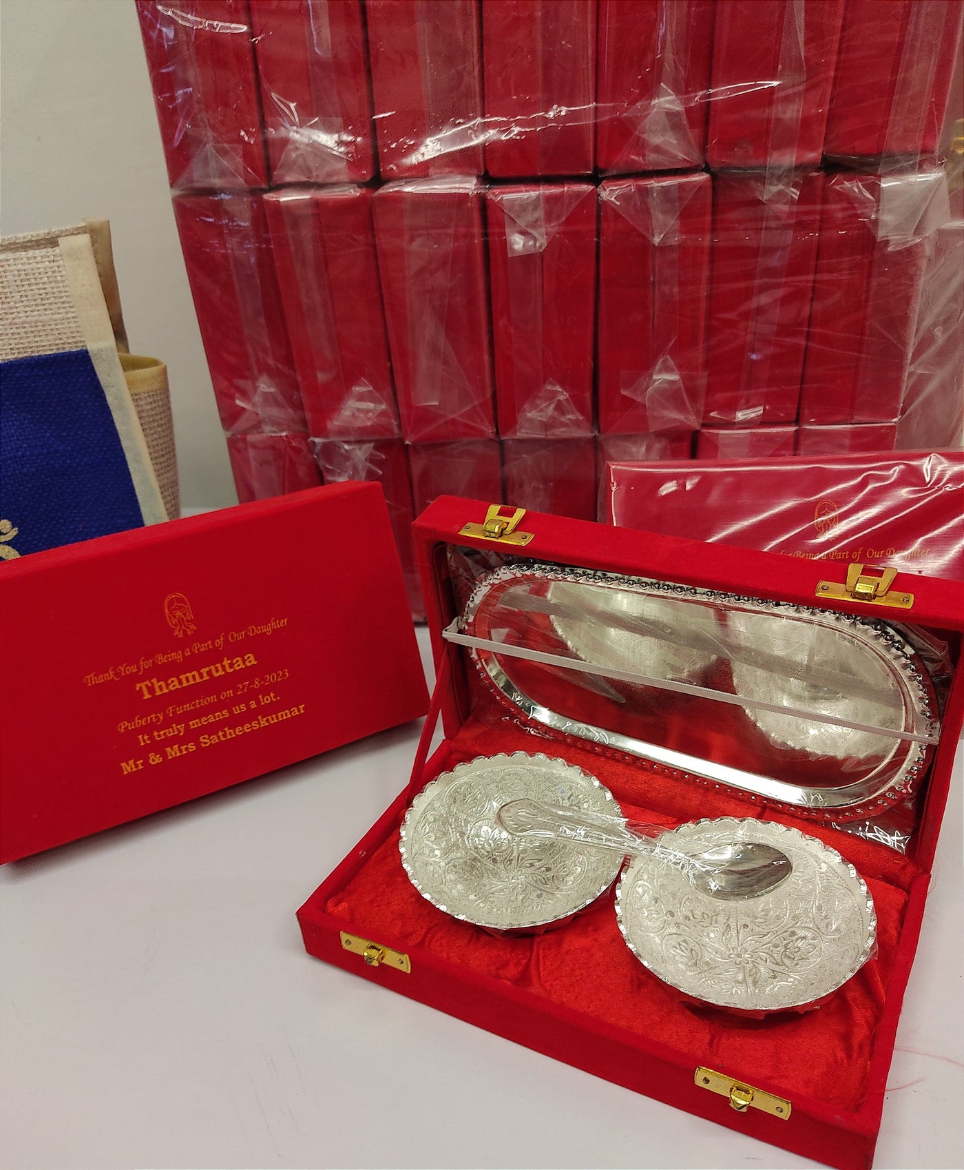 Lamansh Return gift 🎁combo of custom printing German Silver plated bowl set & Jute Bag for Wedding & Puberty ceremony