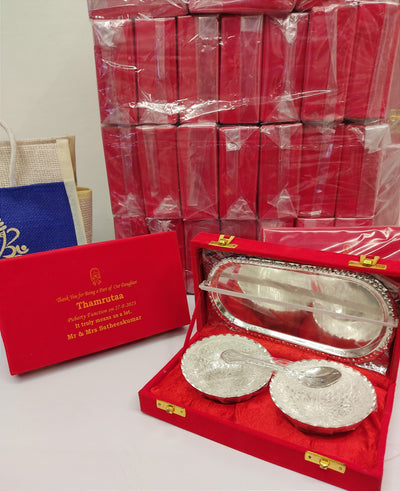 Lamansh Return gift 🎁combo of custom printing German Silver plated bowl set & Jute Bag for Wedding & Puberty ceremony