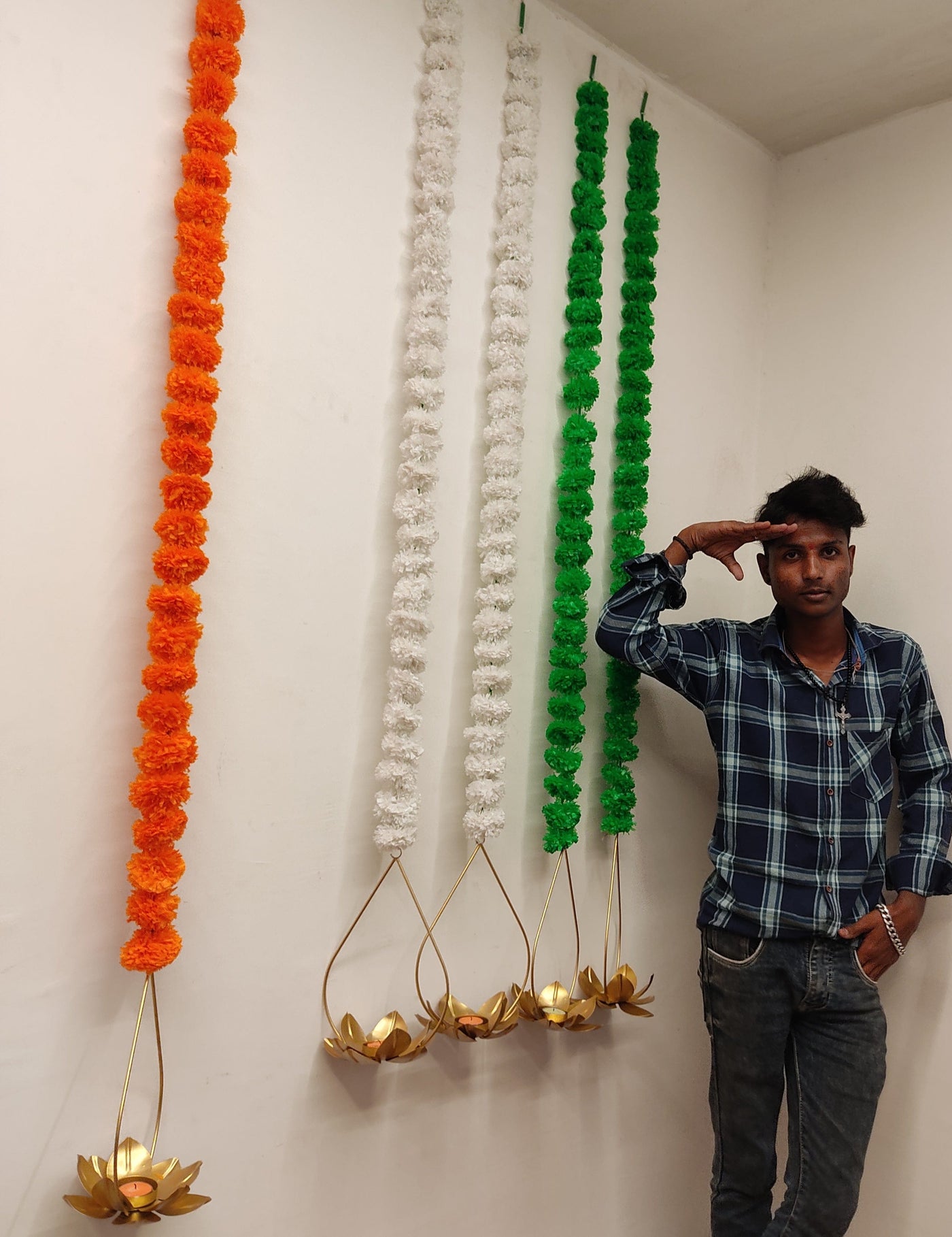 Lamansh tiranga decor LAMANSH® Tiranga 🇮🇳 Garlands attached to Metal Diya Stand | Decor hangings for Independence Day Decoration