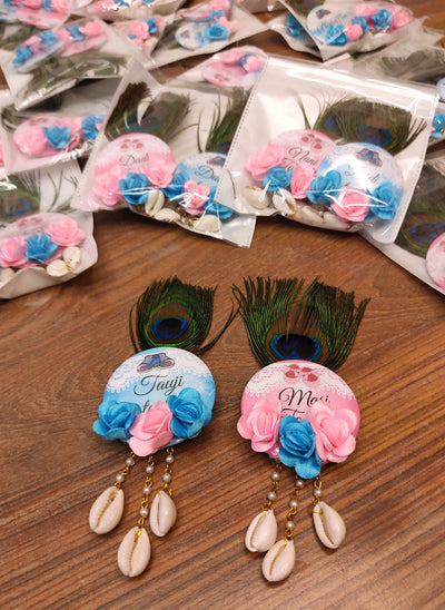 LAMANSH wedding badges Hum LADKE Wale LAMANSH® ( Set of 50 ) Customized Floral 🌸 Brooches with mor pankh for Guests / Brooches for Family members in babyshower event & weddings
