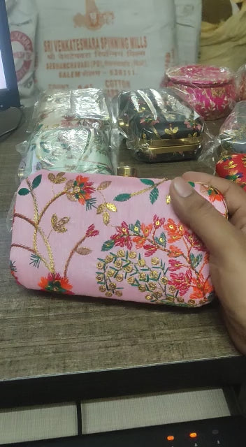 LAMANSH® Floral 🌸 Embroidered Clutch with hanging chain , Metal Purse Clutches, Wedding Giveaways, Jewellery Box,Shagun Clutch, Wedding Return Gifts