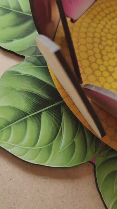 Foldable Mdf Lotus for Decoration | 12 Inch Round Base with Green Leaf Print & Pink Petals | Ganpati, Pooja & Festival Decoration | Laxmi Pujan | DIY 3D Assembly (Video attached)