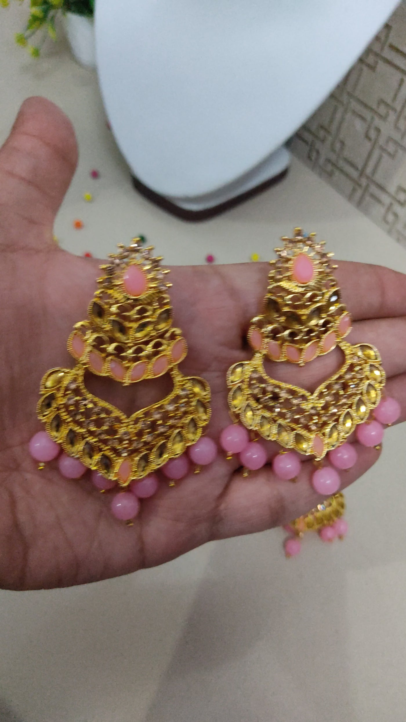 Baby Pink Golden Plated Designer Earrings & Maangtika Set