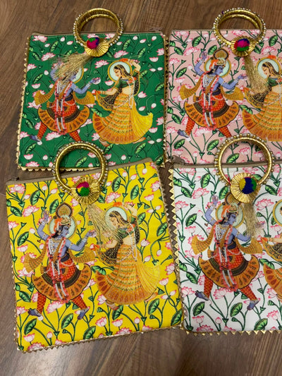 LAMANSH Radha Krishan ji printed designer hand bags for return gifting 🎁 in weddings, pooja kirtan or badhai ceremony