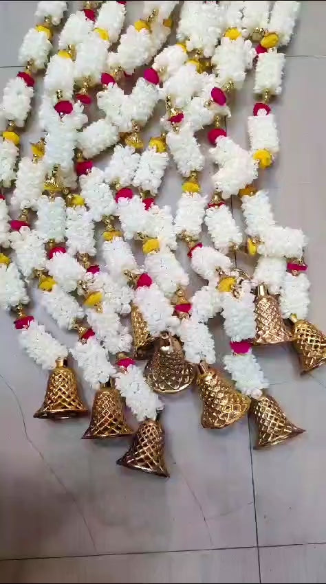 Decorative 3.5 ft Mogra pom pom bell Hangings for Haldi mehendi, wedding festival decoration (Pack of 10)