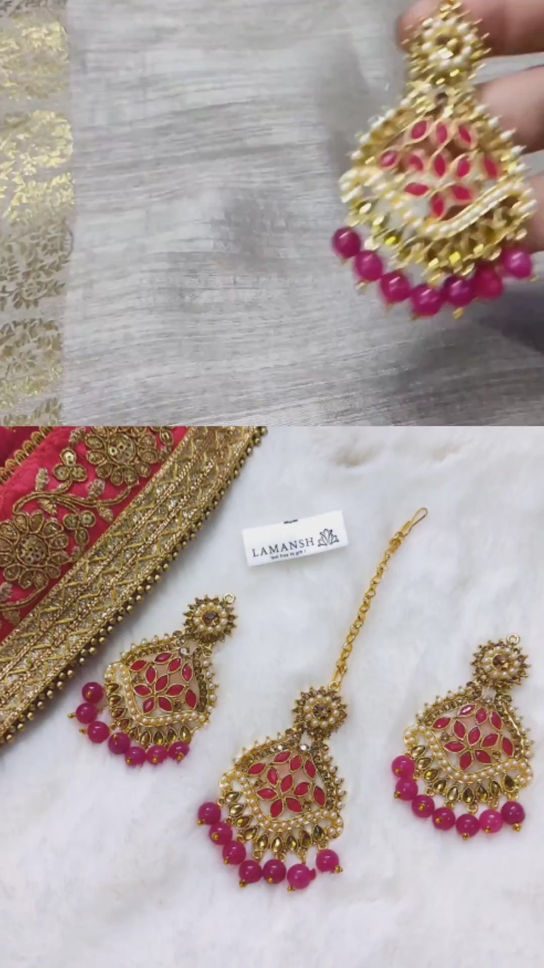 Gold Plated Mirror Kundan Earrings & Maangtika set with Classic Hot Pink Pearls | Metal Imitation Jewellery Set for Weddings ✨