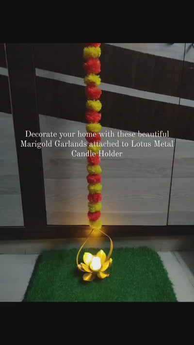 LAMANSH® ( set of 5 , LED candles included ) 4.5 feet Metal Lotus Candle holder Stand attached to marigold garland / Lotus tea light candle holder decoration for diwali 🔆 & events